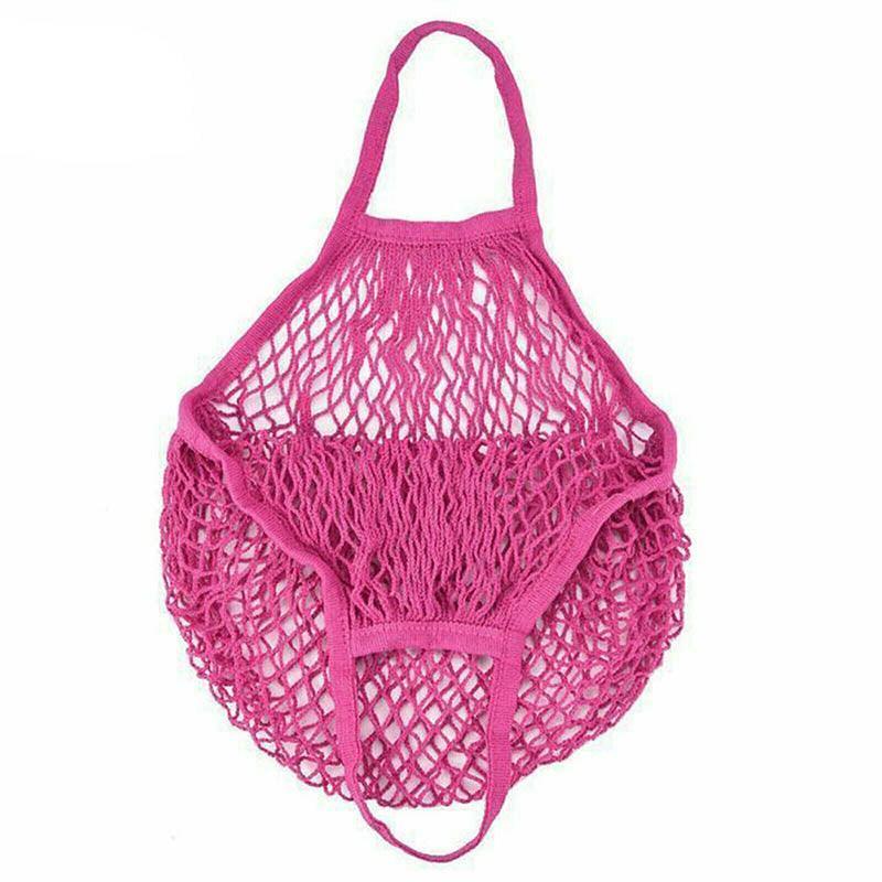 Reusable Cotton Mesh Net Shopping Bag, Foldable String Tote - Rose Red