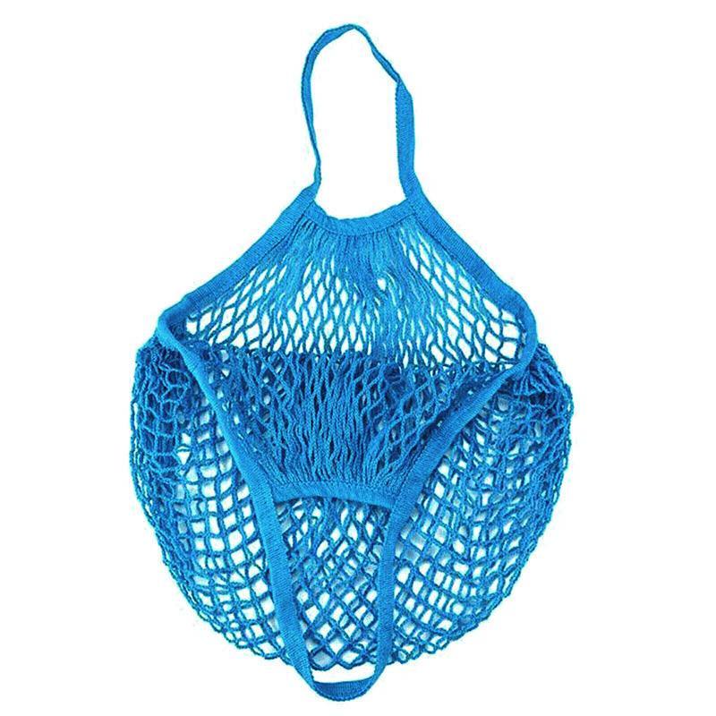 Reusable Cotton Mesh Net Shopping Bag, Foldable String Tote - Sky Blue
