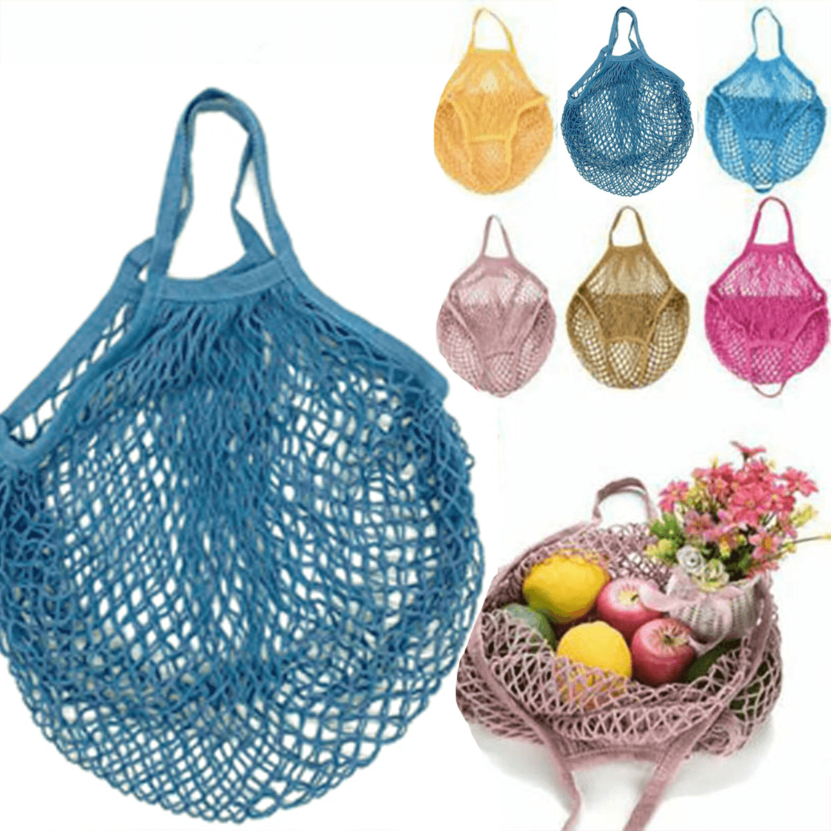 Reusable Cotton Mesh Net Shopping Bag, Foldable String Tote - Sky Blue - view 5