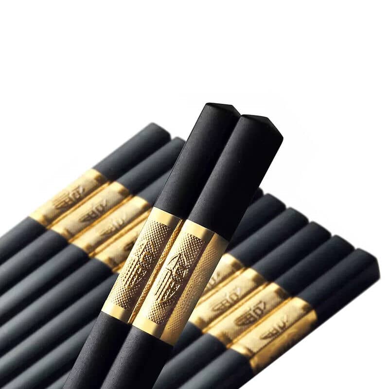 Reusable Fibreglass Chopsticks, 10 Pairs - Black with Gold Emblem Band