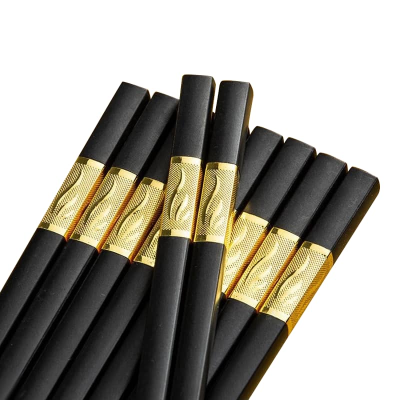 Reusable Fibreglass Chopsticks, 10 Pairs - Black with Gold Flame Swirl Band