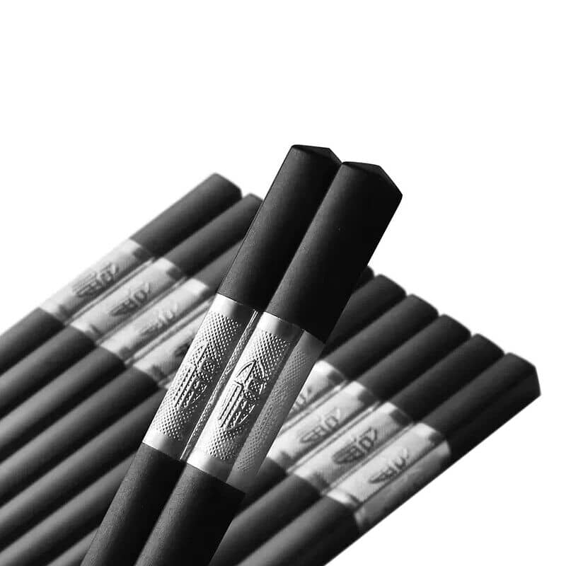 Reusable Fibreglass Chopsticks, 10 Pairs - Black with Silver Emblem Band