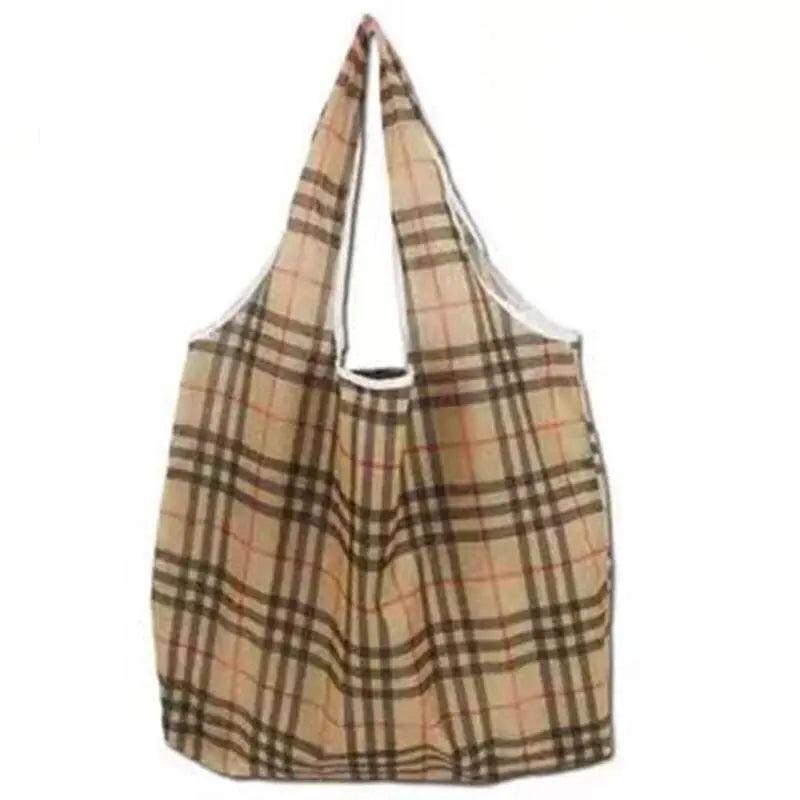 Reusable Foldable Shopping Bag, Light Waterproof Grocery Bag 39 x 46cm - Beige Check Print