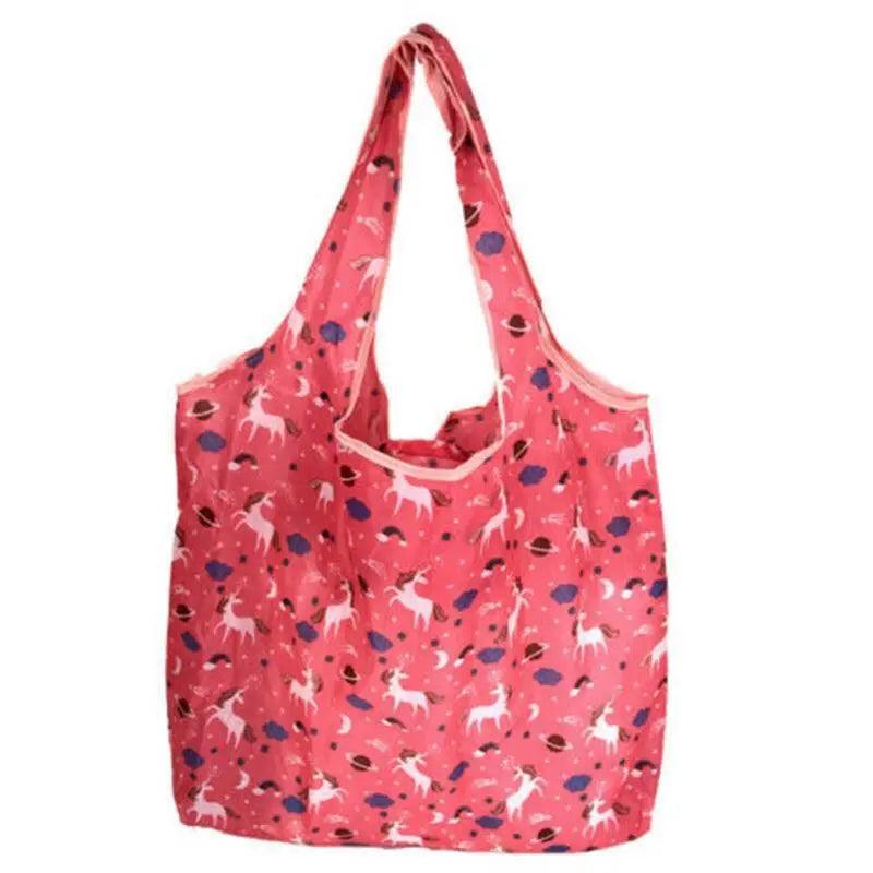Reusable Foldable Shopping Bag, Light Waterproof Grocery Bag 39 x 46cm - Coral Pink Unicorn and Planet Print