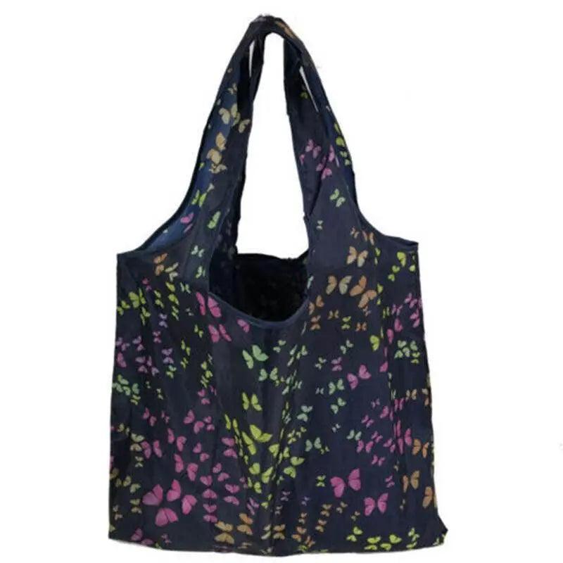 Reusable Foldable Shopping Bag, Light Waterproof Grocery Bag 39 x 46cm - Navy Blue Butterfly Print