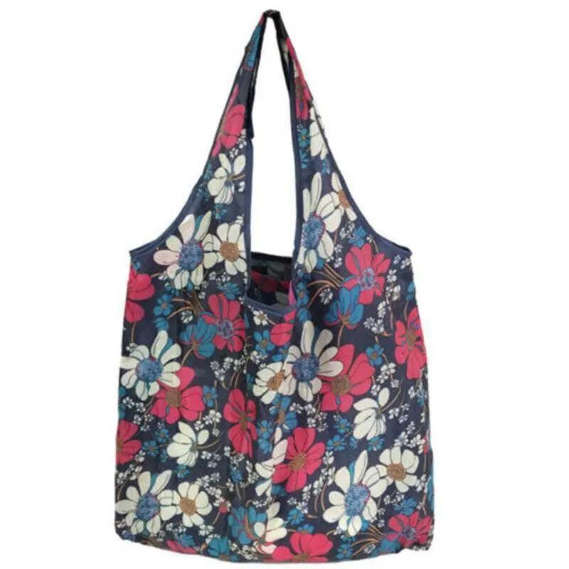 Reusable Foldable Shopping Bag, Light Waterproof Grocery Bag 39 x 46cm - Navy Blue Floral Print