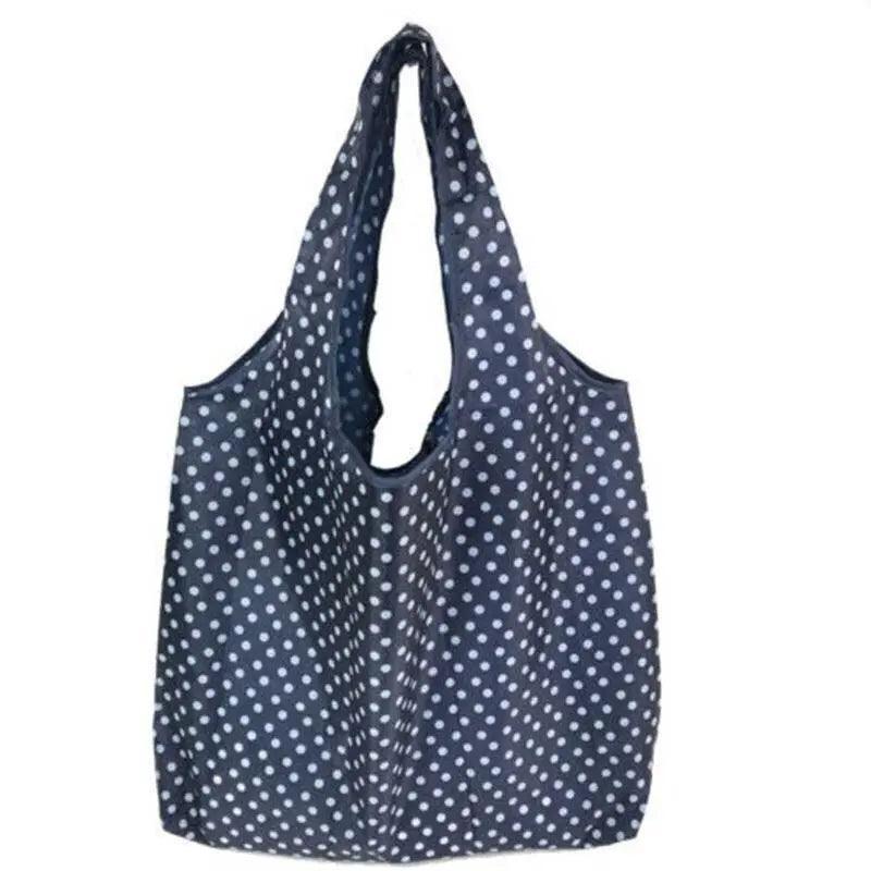 Reusable Foldable Shopping Bag, Light Waterproof Grocery Bag 39 x 46cm - Navy Blue Polka Dot Print