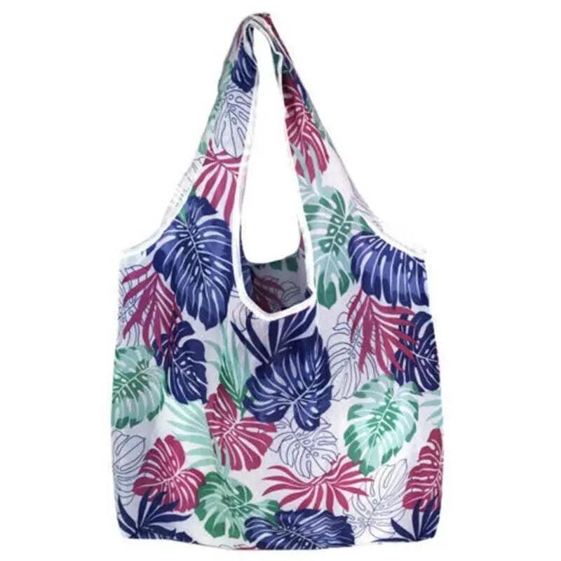 Reusable Foldable Shopping Bag, Light Waterproof Grocery Bag 39 x 46cm - Purple and Green Tropical Leaf Print