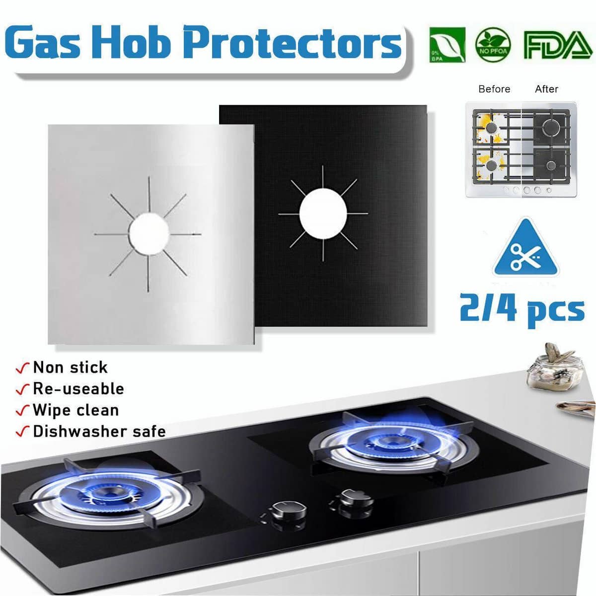 Reusable Gas Hob Protector Liners, Non-Stick, Pack of 4 - Silver - view 2