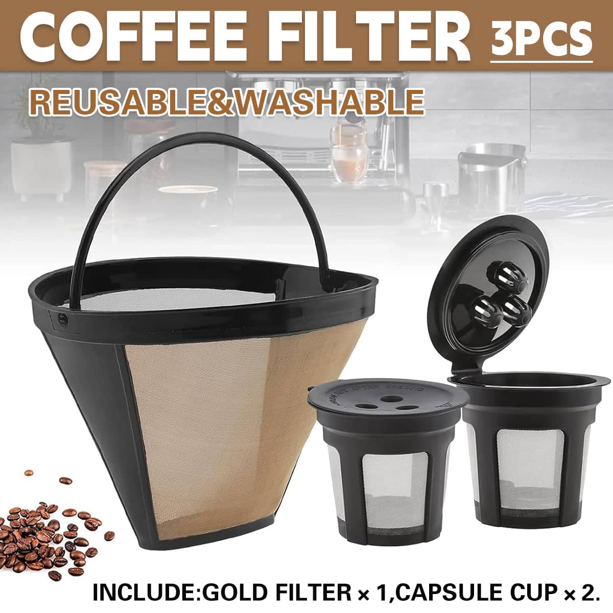Reusable Gold Coffee Filter Basket with Two Capsule Cups, Stainless Steel
