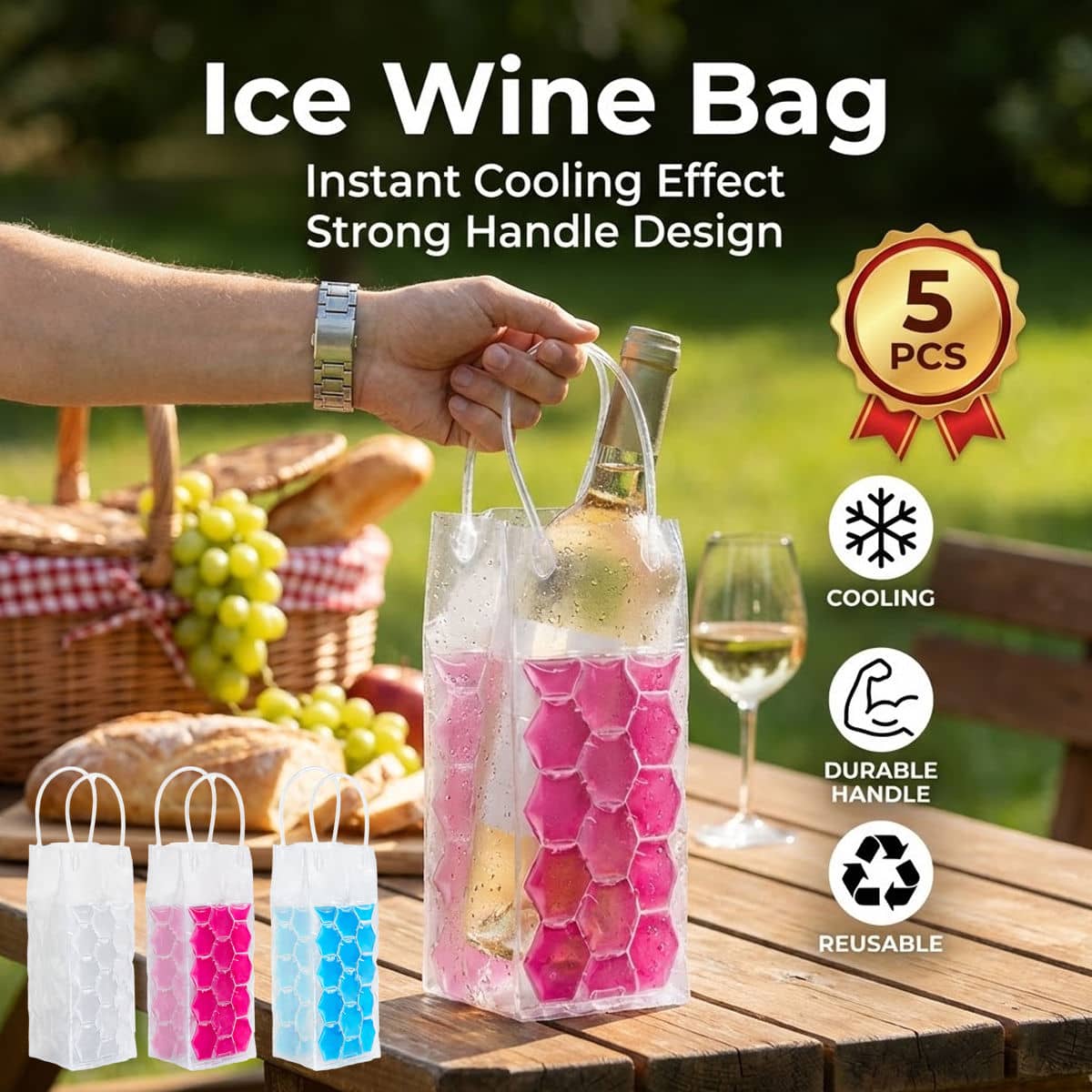 Reusable Ice Wine Bottle Cooler Bags - Pink Gel, Pack of 5 - view 2