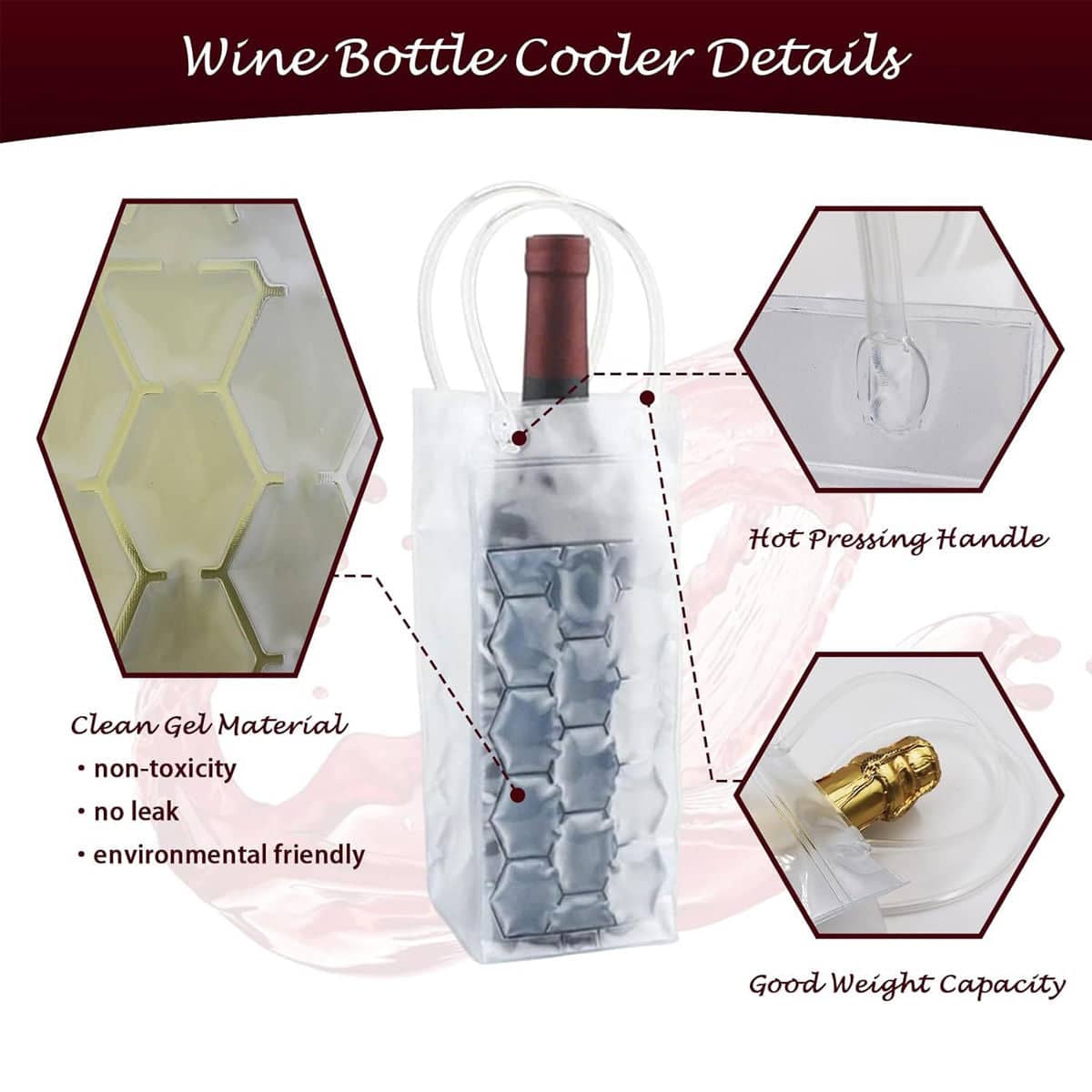 Reusable Ice Wine Bottle Cooler Bags - Pink Gel, Pack of 5 - view 5