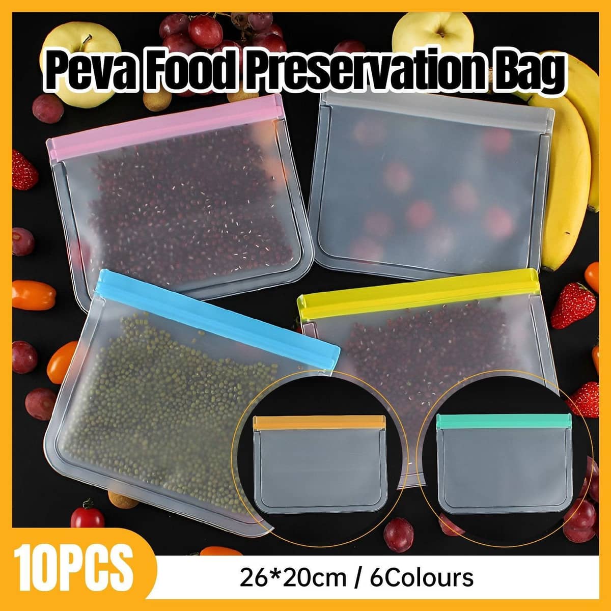Reusable PEVA Food Storage Bags, 26 x 20 cm, Pack of 10 - Grey - view 2