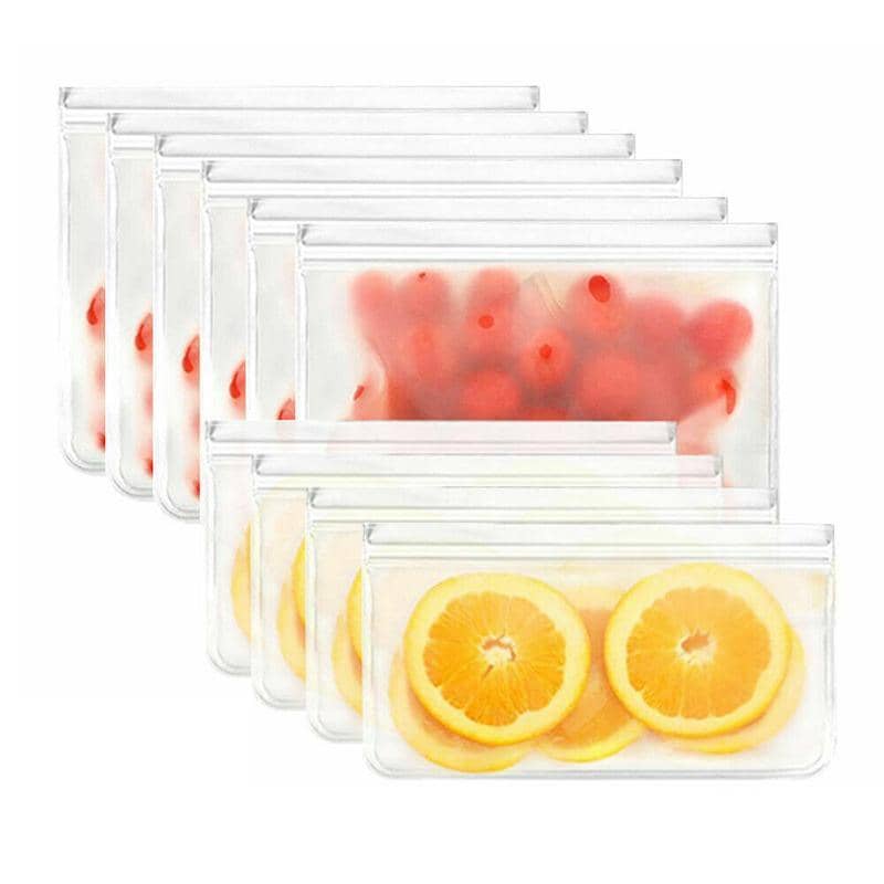 Reusable PEVA Food Storage Bags with Zip Lock - 6 Large and 4 Small, Pack of 10
