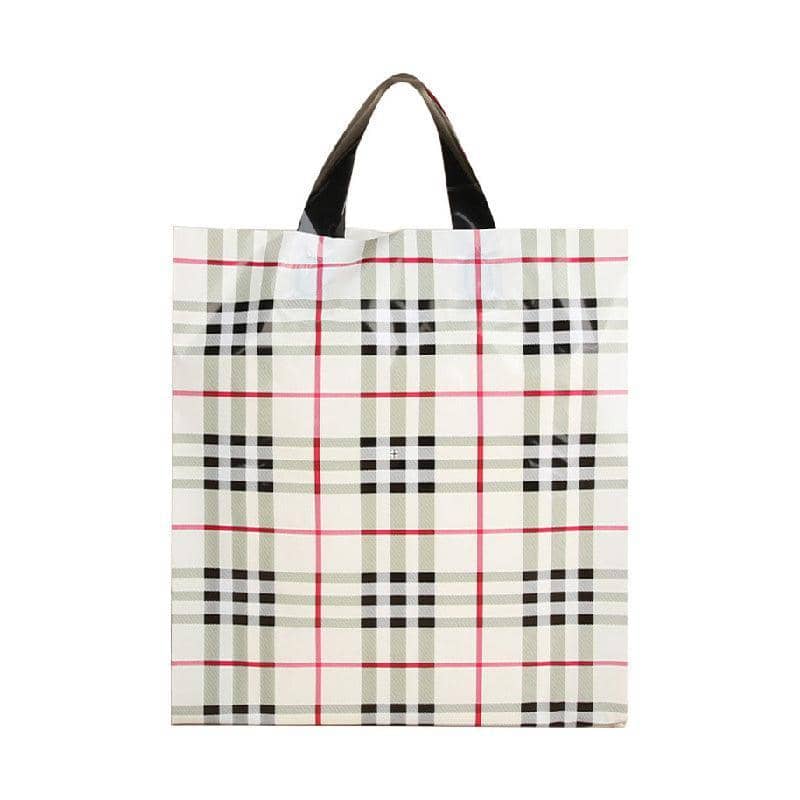 Reusable Plastic Tote Bags - Red and Black Check, 37 x 30 x 8 cm, Pack of 50