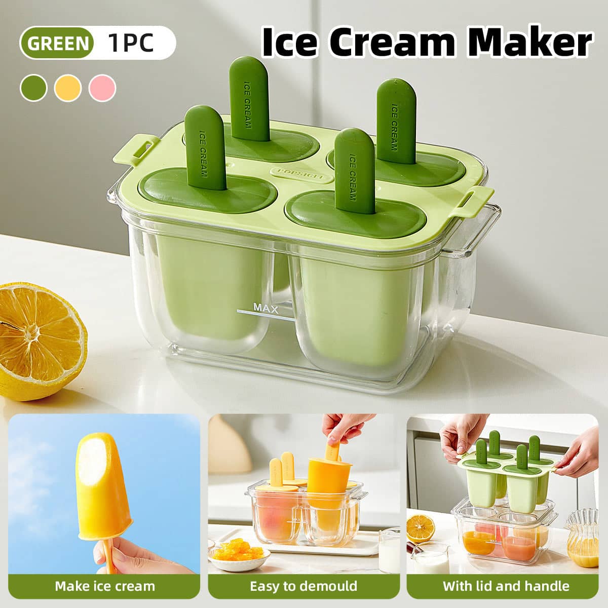 Reusable Popsicle Ice Cream Mould Set, Makes 4 - Green - view 2
