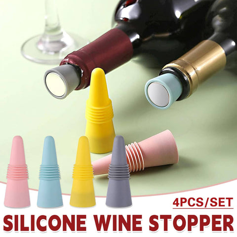 Reusable Silicone Wine Bottle Stoppers, Pack of 4 Assorted Colours