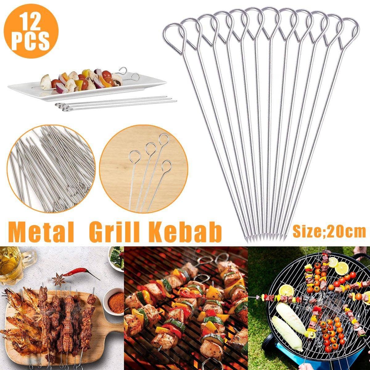 Reusable Stainless Steel BBQ Skewers, 20 cm - Pack of 12