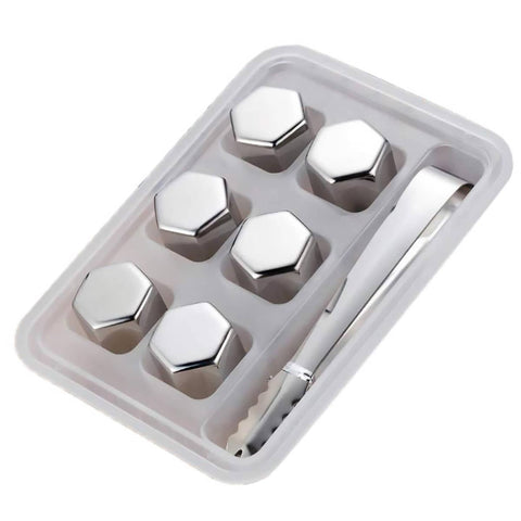 Reusable Stainless Steel Ice Cubes with Tongs - 6 Pack