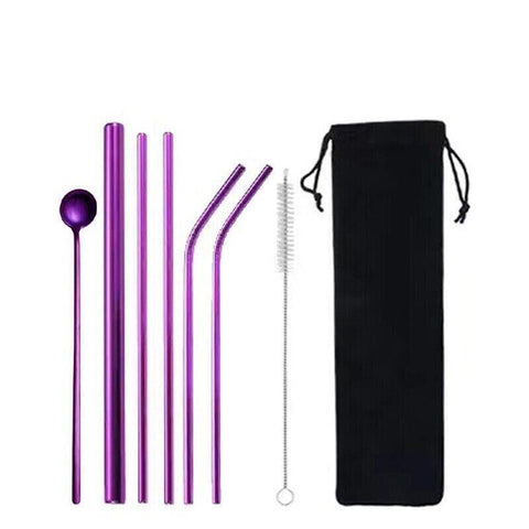 Reusable Stainless Steel Straw Set - Purple, Set 1