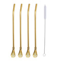 Reusable Stainless Steel Straw Spoon Set of 5 with Filter and Brush - Gold