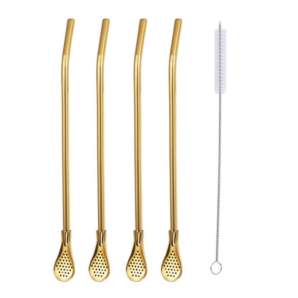 Reusable Stainless Steel Straw Spoon Set of 5 with Filter and Brush - Gold