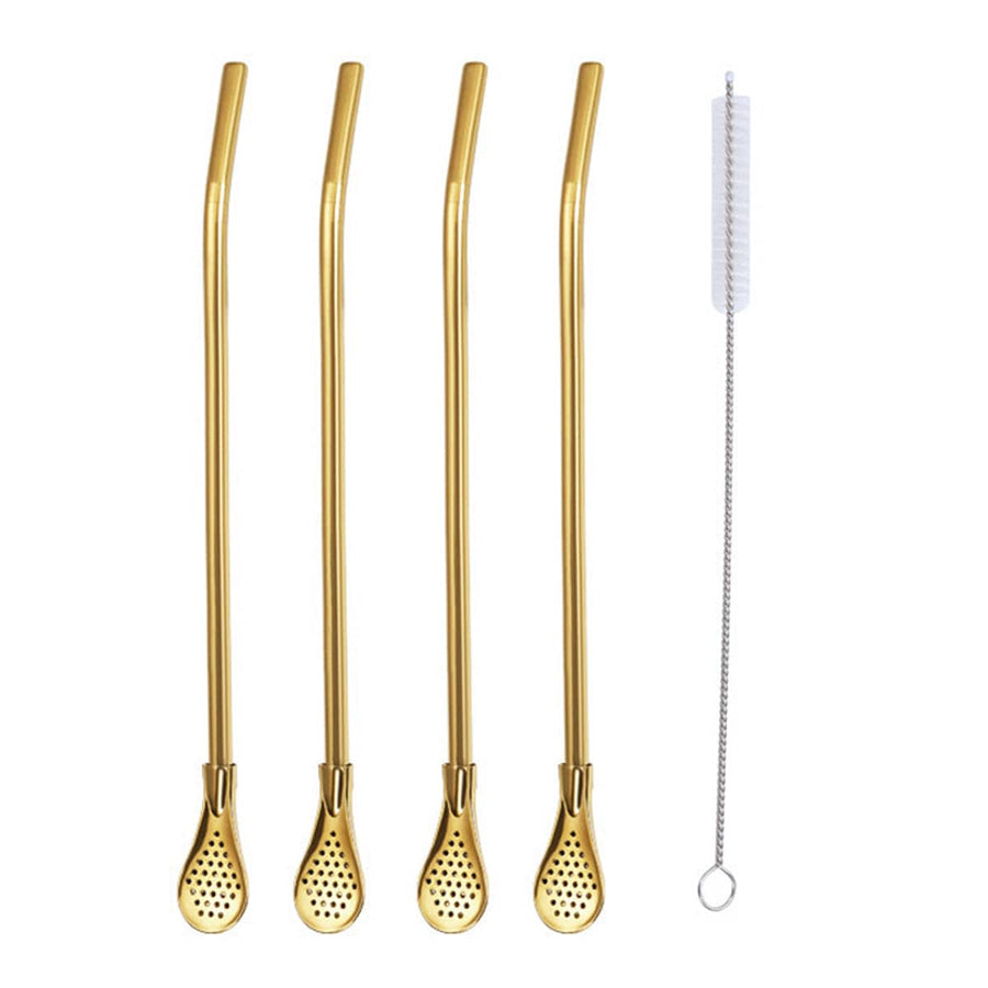Reusable Stainless Steel Straw Spoon Set of 5 with Filter and Brush - Gold