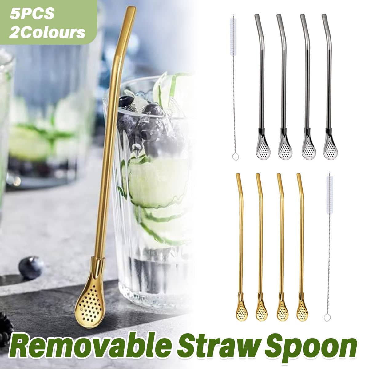 Reusable Stainless Steel Straw Spoon Set of 5 with Filter and Brush - Gold - view 2