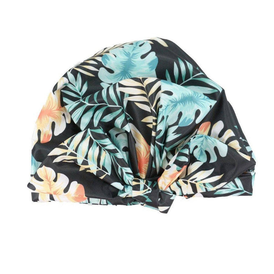 Reusable Waterproof Shower Cap for Long Hair - Black Tropical Leaf Print