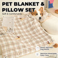 Reversible Pet Blanket and Bear Pillow Set, Warm Plaid Fleece for Dogs and Cats