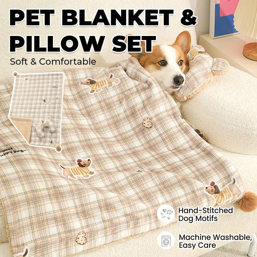 Reversible Pet Blanket and Bear Pillow Set, Warm Plaid Fleece for Dogs and Cats
