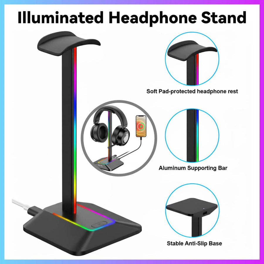 RGB Headphone Stand with USB Hub Type C and USB 3.0 for Gaming Desk
