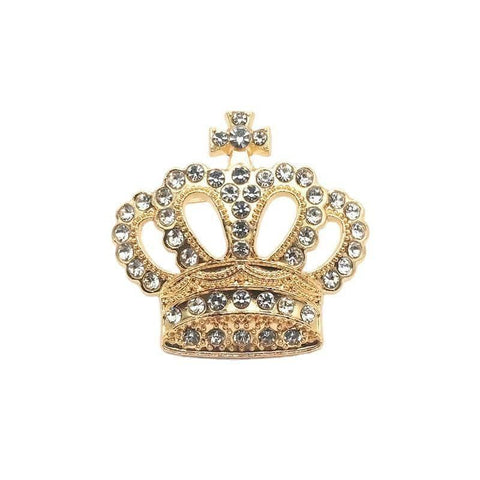 Rhinestone Crown Brooch Pin - Gold Crown with Cross Top