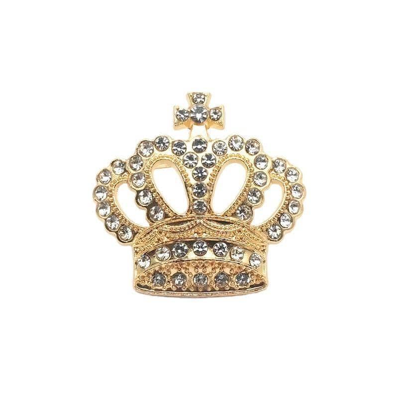 Rhinestone Crown Brooch Pin - Gold Crown with Cross Top
