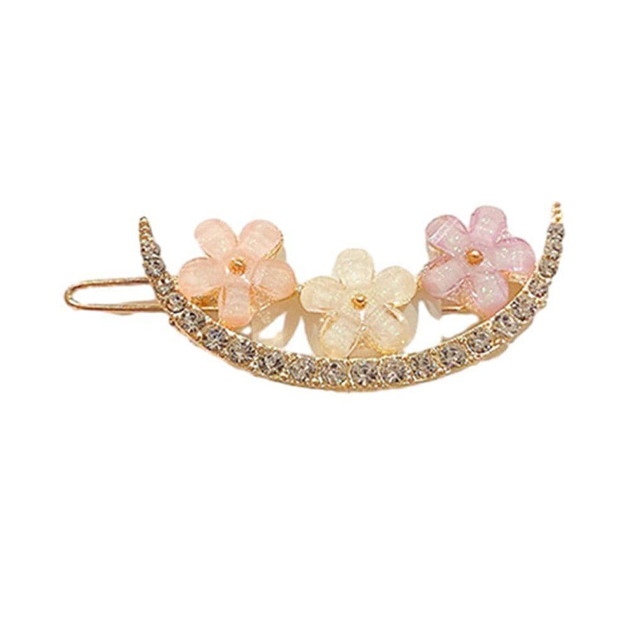 Rhinestone Crystal Hair Clip, Barrette Slide - Crescent with Three Flowers