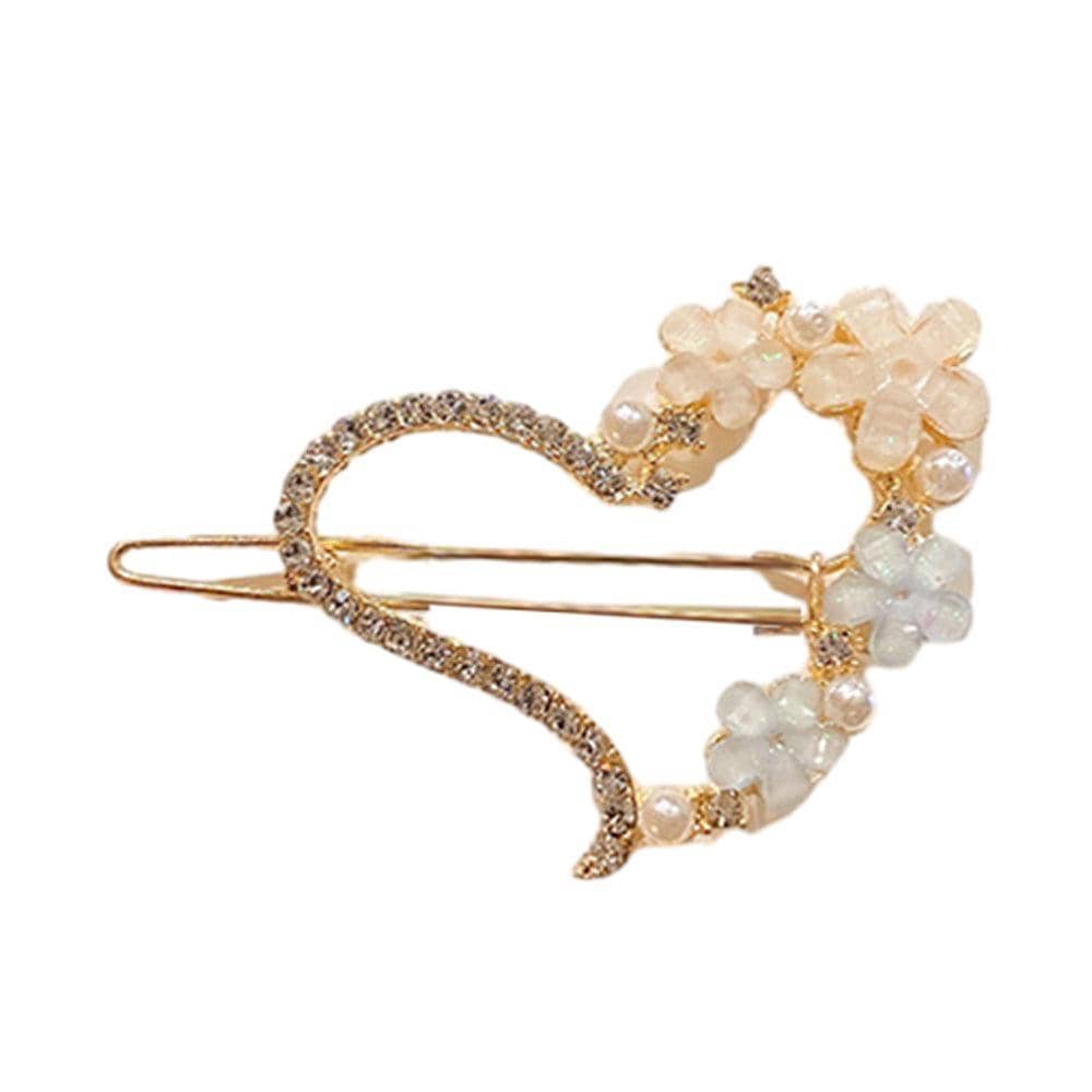 Rhinestone Crystal Hair Clip, Barrette Slide - Heart with Flowers and Pearl Beads