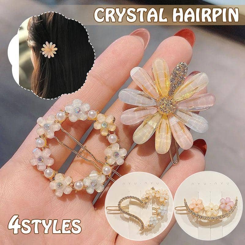 Rhinestone Crystal Hair Clip, Barrette Slide - Heart with Flowers and Pearl Beads - view 2
