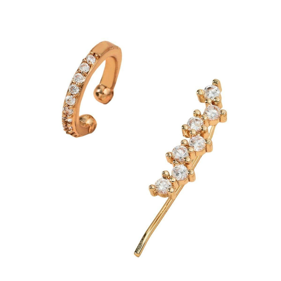 Rhinestone Ear Cuff and Round Stone Ear Climber Set - Gold
