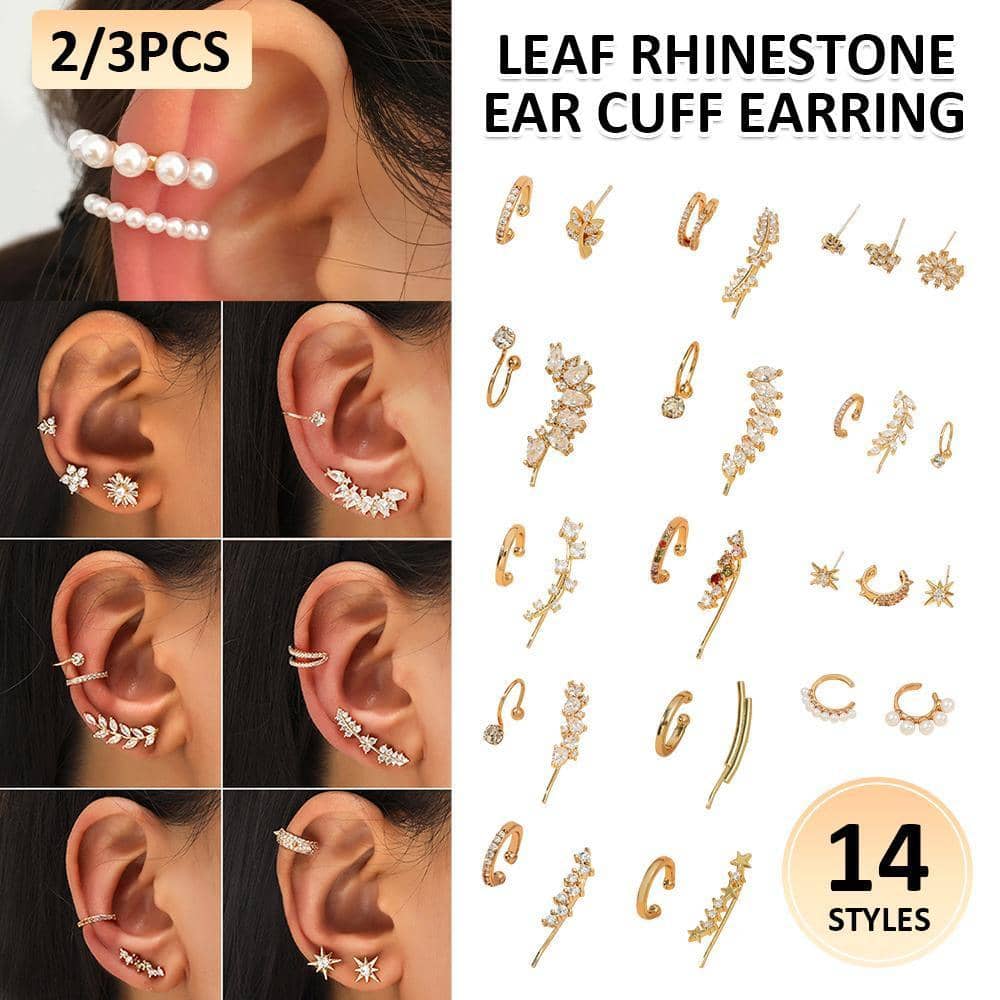 Rhinestone Ear Cuff and Round Stone Ear Climber Set - Gold - view 2