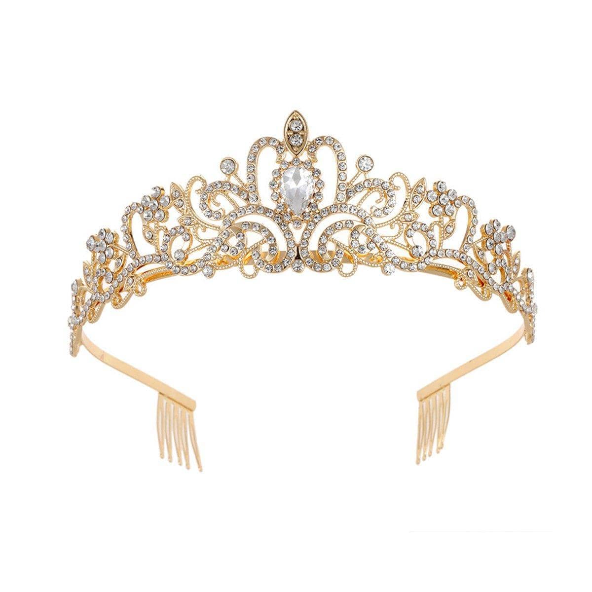 Rhinestone Princess Crown Headband with Side Combs - Gold and White
