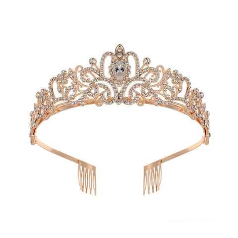 Rhinestone Princess Crown Headband with Side Combs - Rose Gold and White