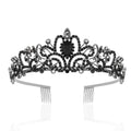 Rhinestone Princess Crown Headband with Side Combs - Silver and Black