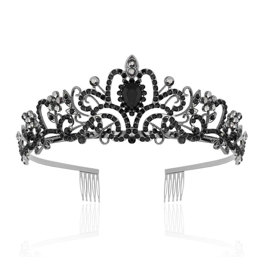 Rhinestone Princess Crown Headband with Side Combs - Silver and Black