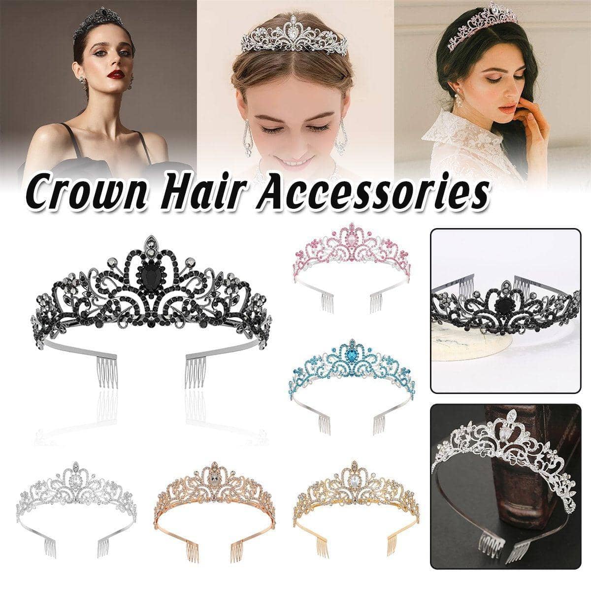 Rhinestone Princess Crown Headband with Side Combs - Silver and Black - view 2