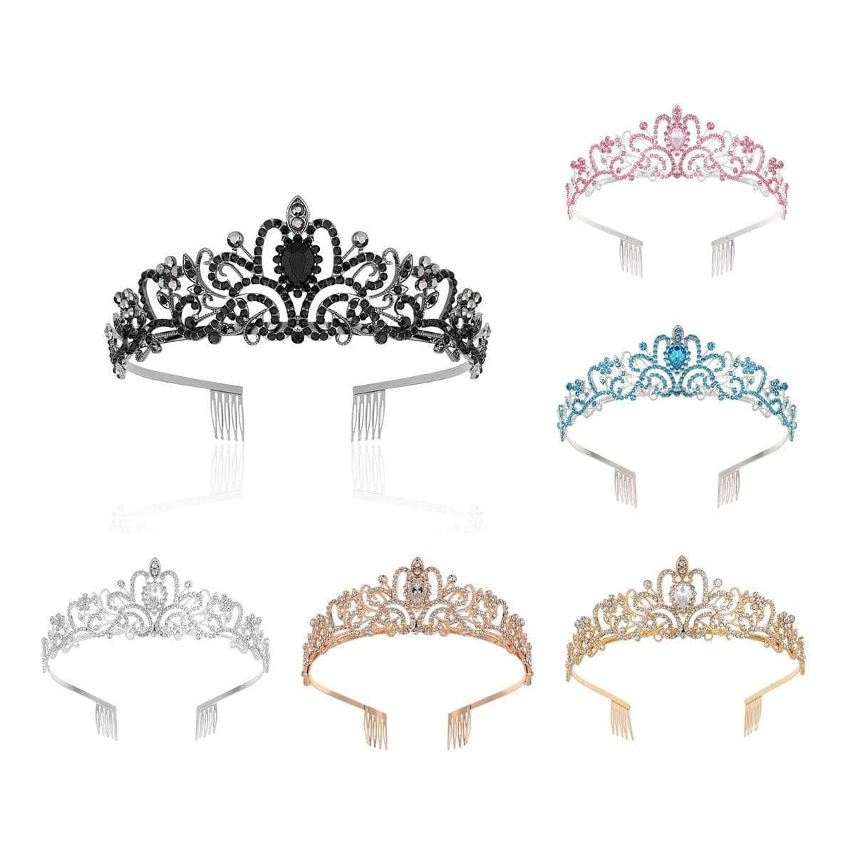 Rhinestone Princess Crown Headband with Side Combs - Silver and Black - view 3