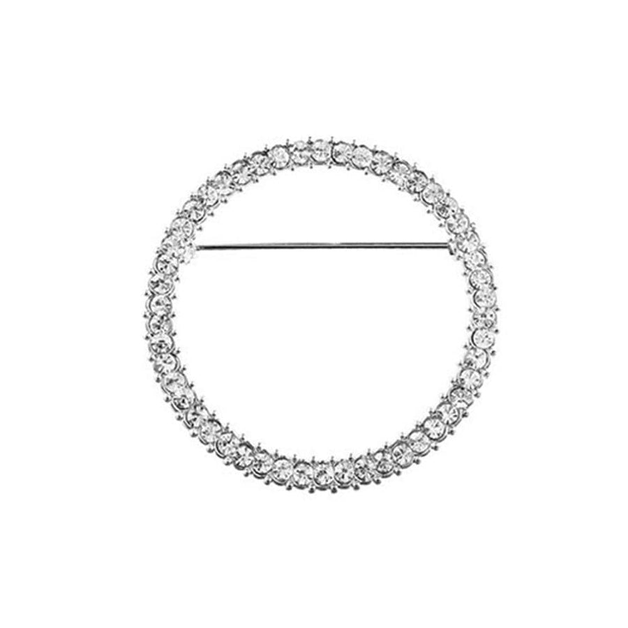 Rhinestone Round Brooch Pin - Large (4.3cm Diameter), Silver Tone