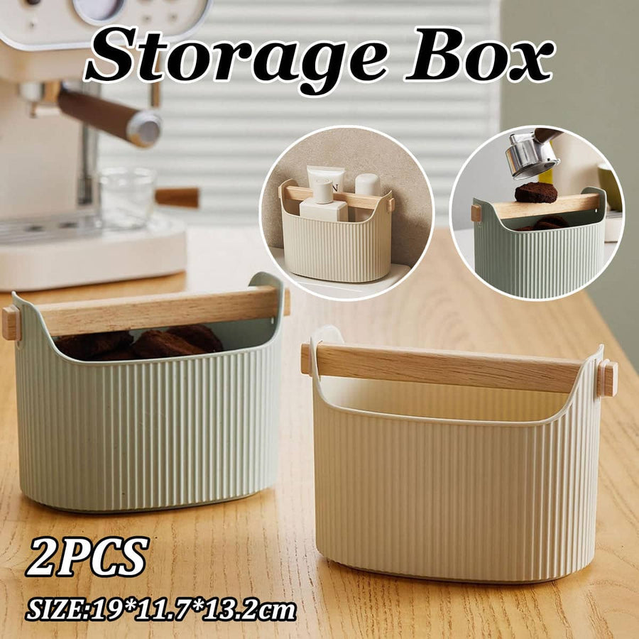 Ribbed Desktop Storage Box Set of 2 with Solid Wood Handle in Cream and Mint Green