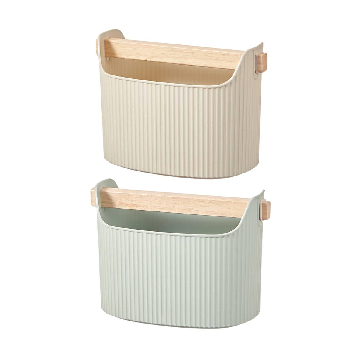 Ribbed Desktop Storage Box Set of 2 with Solid Wood Handle in Cream and Mint Green - view 2