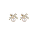 Ribbon Bow Earrings with Imitation Pearl - White