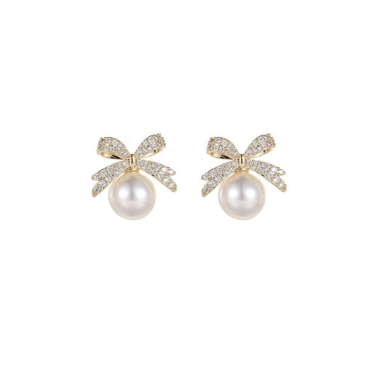 Ribbon Bow Earrings with Imitation Pearl - White